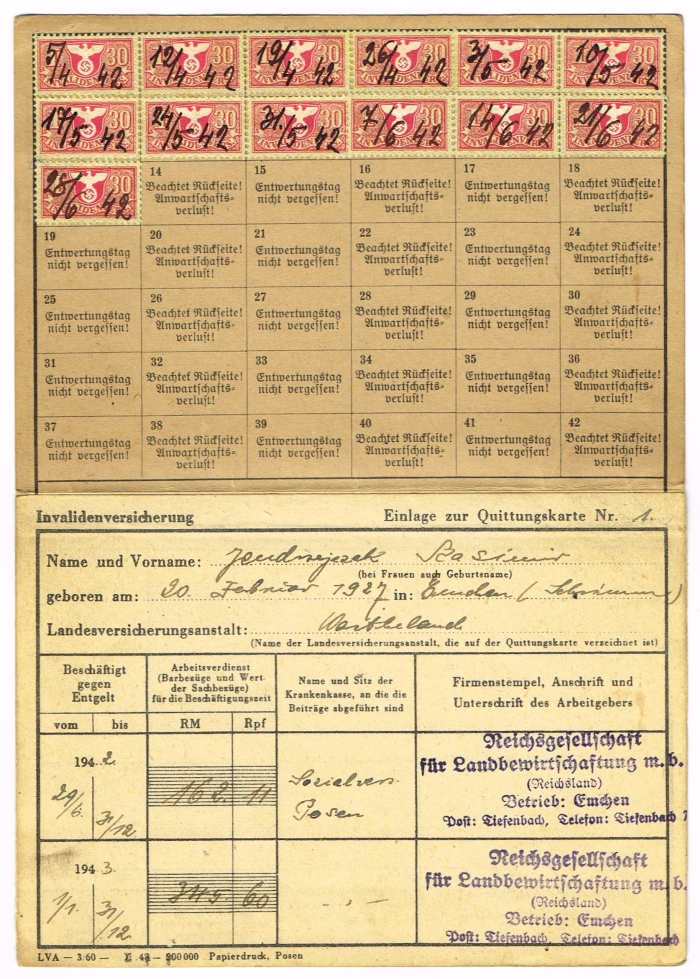 Quittungskarte Jędrzejczak Kazimierz. Emchen 1941 r. Mchy.