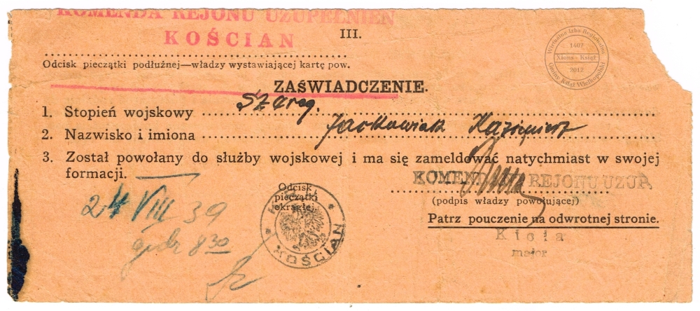 Karta Powołania Kazimierz Jackowiak. 1939 r.