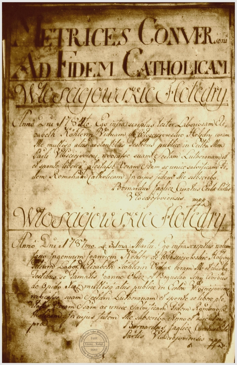 Świadectwa przejścia na wiarę katolicką. Włościejewice 1784 r.