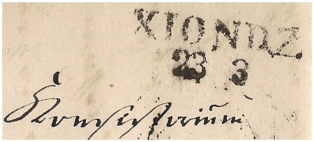 Pieczątka pocztowa Xiondz. 1852 r. Xions. Książ.