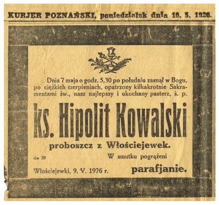 Nekrolog ks. Hipolit Kowalski. Włościejewki 1926 r.