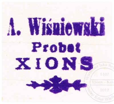 Pieczątka ks. A. Wiśniewski. Xions 1899 r.