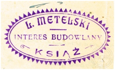 Pieczątka L. Metelski budowniczy. Książ 1926 r.