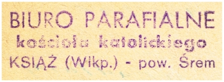 Pieczątka Biuro Parafialne Książ 1954 r.