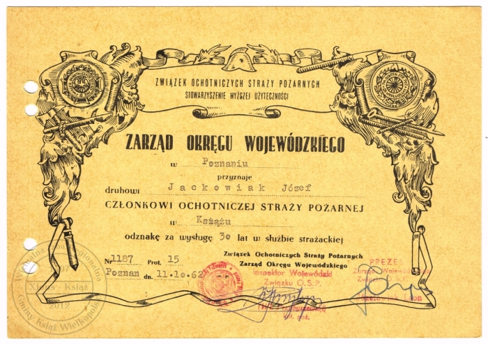 Patent odznaki XXX lecie pracy dla OSP. Józef Jackowiak 1962 r.