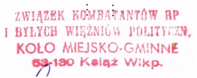 Pieczątka Związek Kombatantów RP. Książ Wlkp. 1995 r.