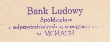 Pieczątka Bank Ludowy Mchy 1937 r.