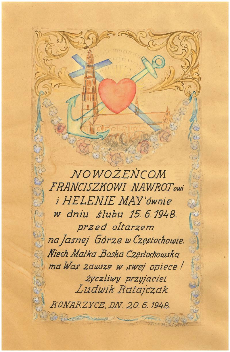 Życzenia ślubne państwa Nawrot. Konarzyce 1948 r.