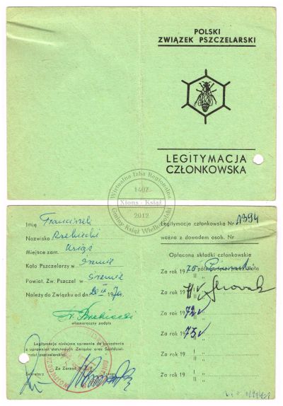 Legitymacja pszczelarska. Franciszek Rzekiecki, Książ 1970 r.