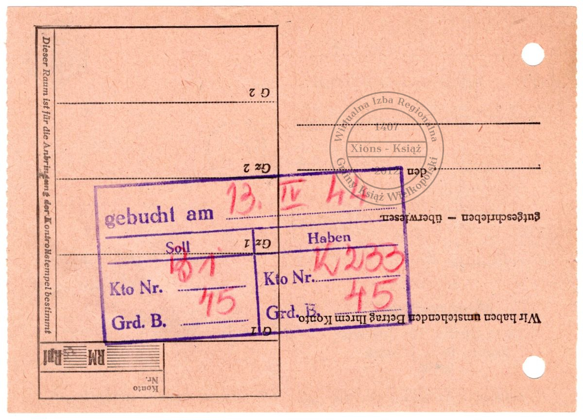 Dowód wpłaty Motormühle Schonz. (Xions) Książ 1944 r.