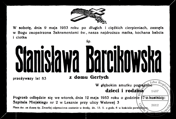 Nekrolog Stanisławy Barcikowskiej