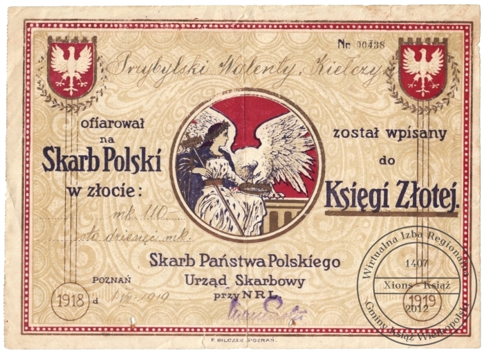 Dowód wpłaty dobrowolnego datku na Skarb Polski przy NRL w 1919 r.