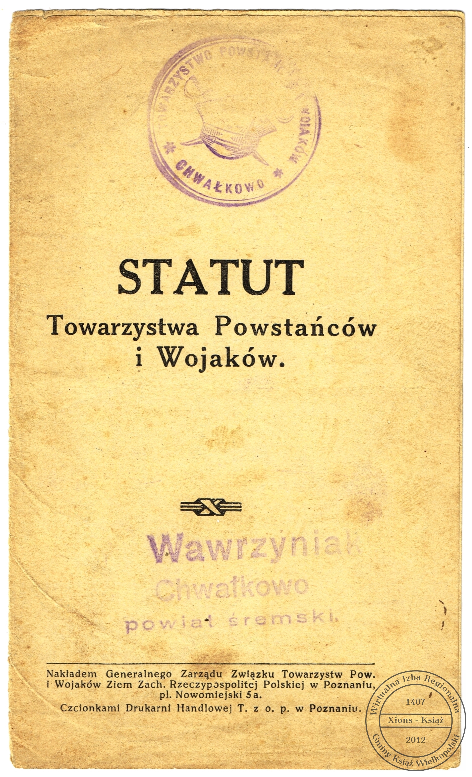 Okładka statutu Towarzystwa Powstańców i Wojaków