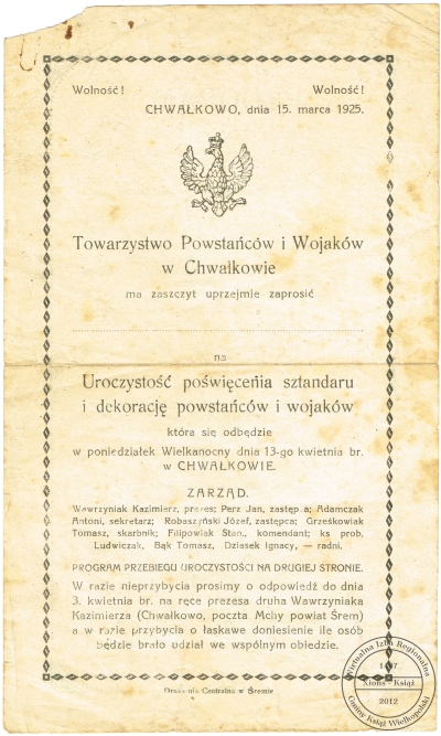 Zaproszenie na uroczystość poświęcenia sztandaru TPiW Koła Chwałkowo Kościelne