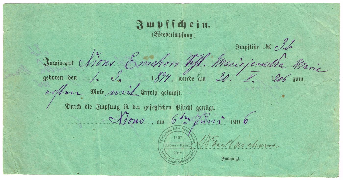 Świadectwo szczepienia Maria Maciejewska. Mchy 1906 r.