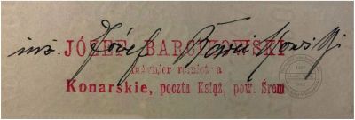 Józef Barcikowski pieczątka. Konarskie 1935 r.