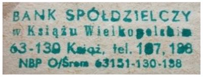 Bank Spółdzielczy Książ Wielkopolski. Pieczątka 1986 r.