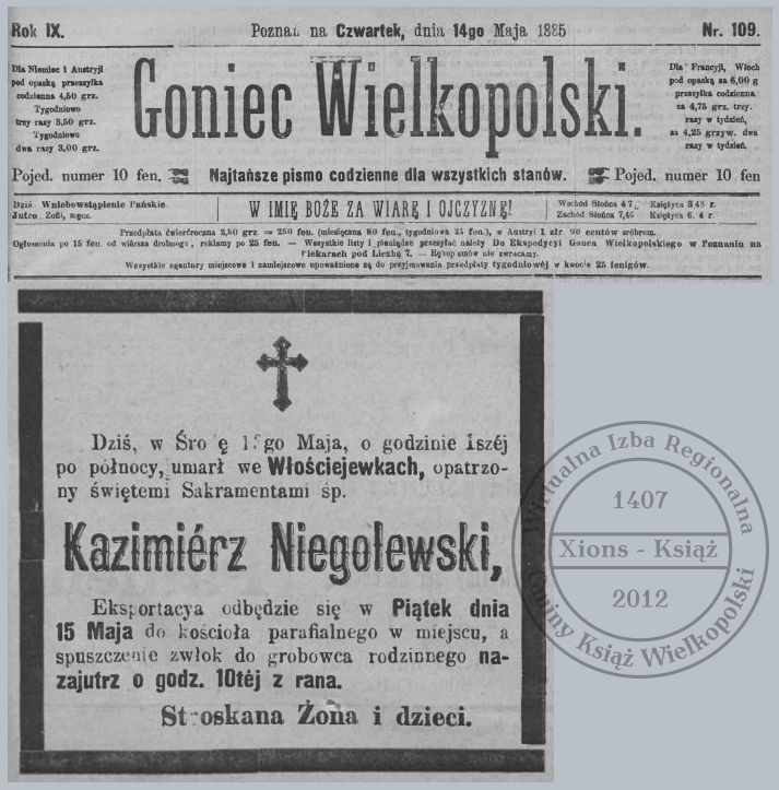 Kazimierz Niegolewski - nekrolog. Goniec Wielkopolski 1885 r.