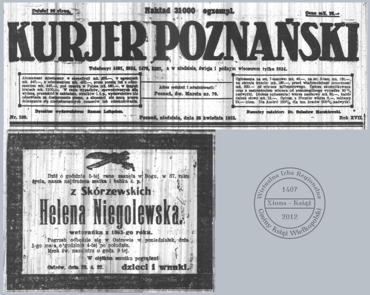 Helena Niegolewska - nekrolog. Kurier Poznański 1922 r.