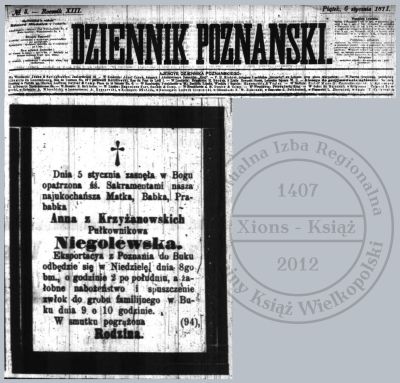 Anna Niegolewska - nekrolog. Dziennik Poznański 1871 r.