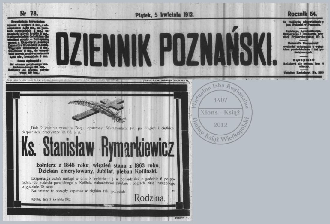 Ks. Stanisław Rymarkiewicz - nekrolog 1912 r.