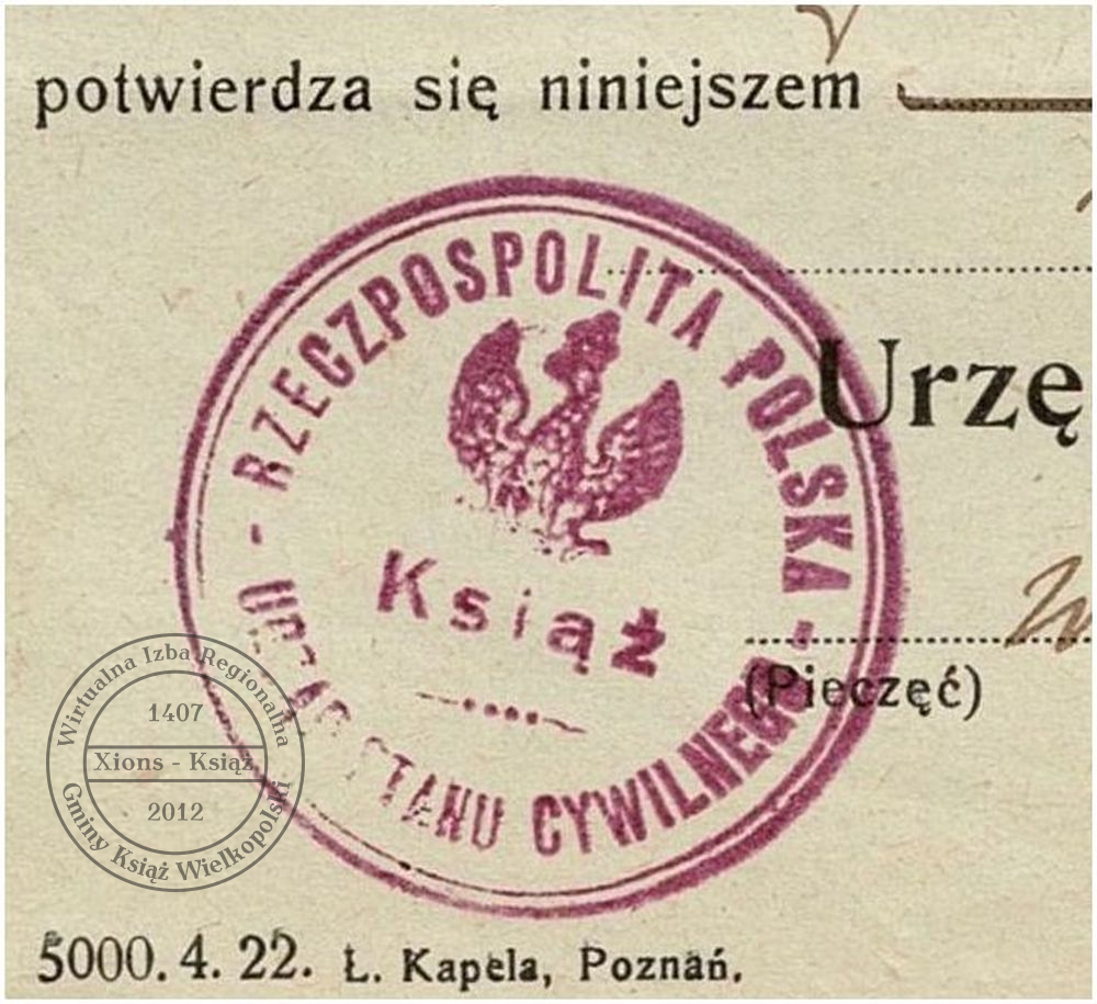 Urząd Stanu Cywilnego - pieczęć. Książ 1923 r.