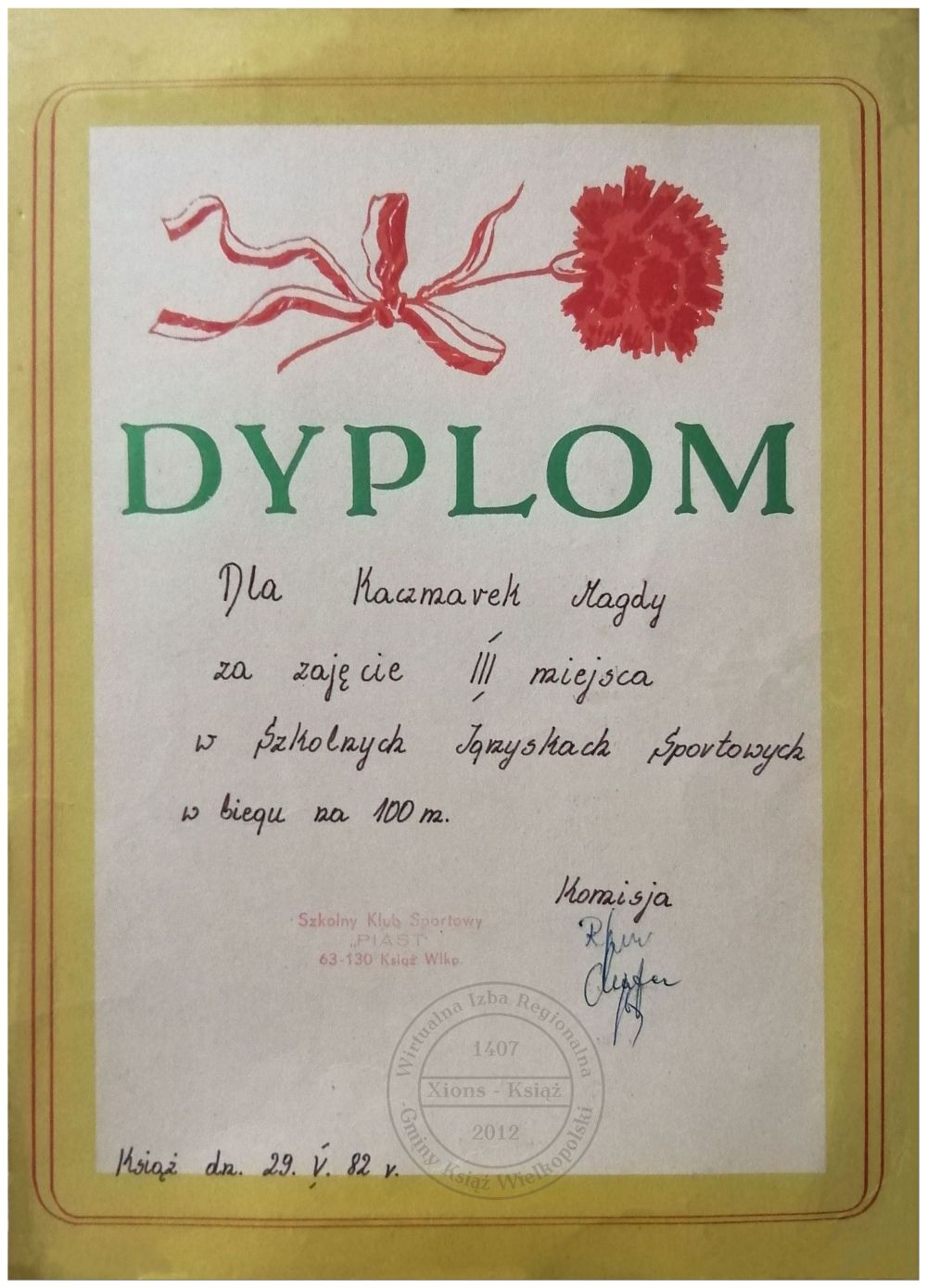 Dyplom Magdaleny Kaczmarek. Książ 1982 r.