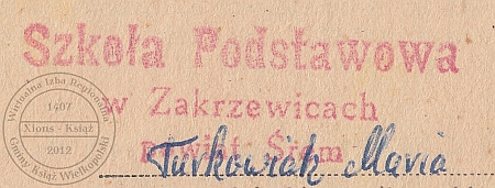 Szkoła Podstawowa Zakrzewice. Pieczątka 1965 r.