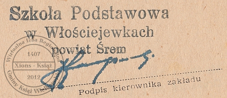 Szkoła Podstawowa Włościejewki. Pieczatka 1965 r.