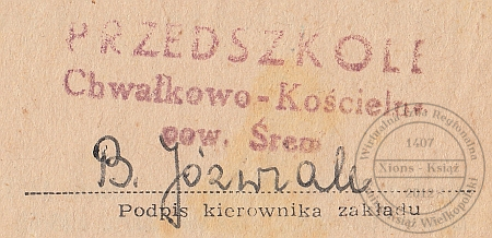 Przedszkole Chwałkowo Kościelne. Pieczątka 1965 r.