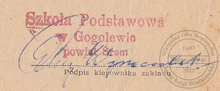 Szkoła Podstawowa Gogolewo. Pieczątka 1965 r.