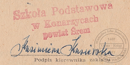 Szkoła Podstawowa Konarzyce. Pieczątka 1965 r.