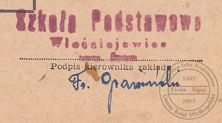 Szkoła Podstawowa Włościejewice. Pieczątka 1965 r.