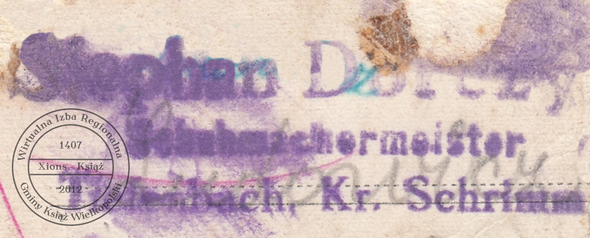 Pieczątka Stefan Dorszyk. Książ 1942 r.