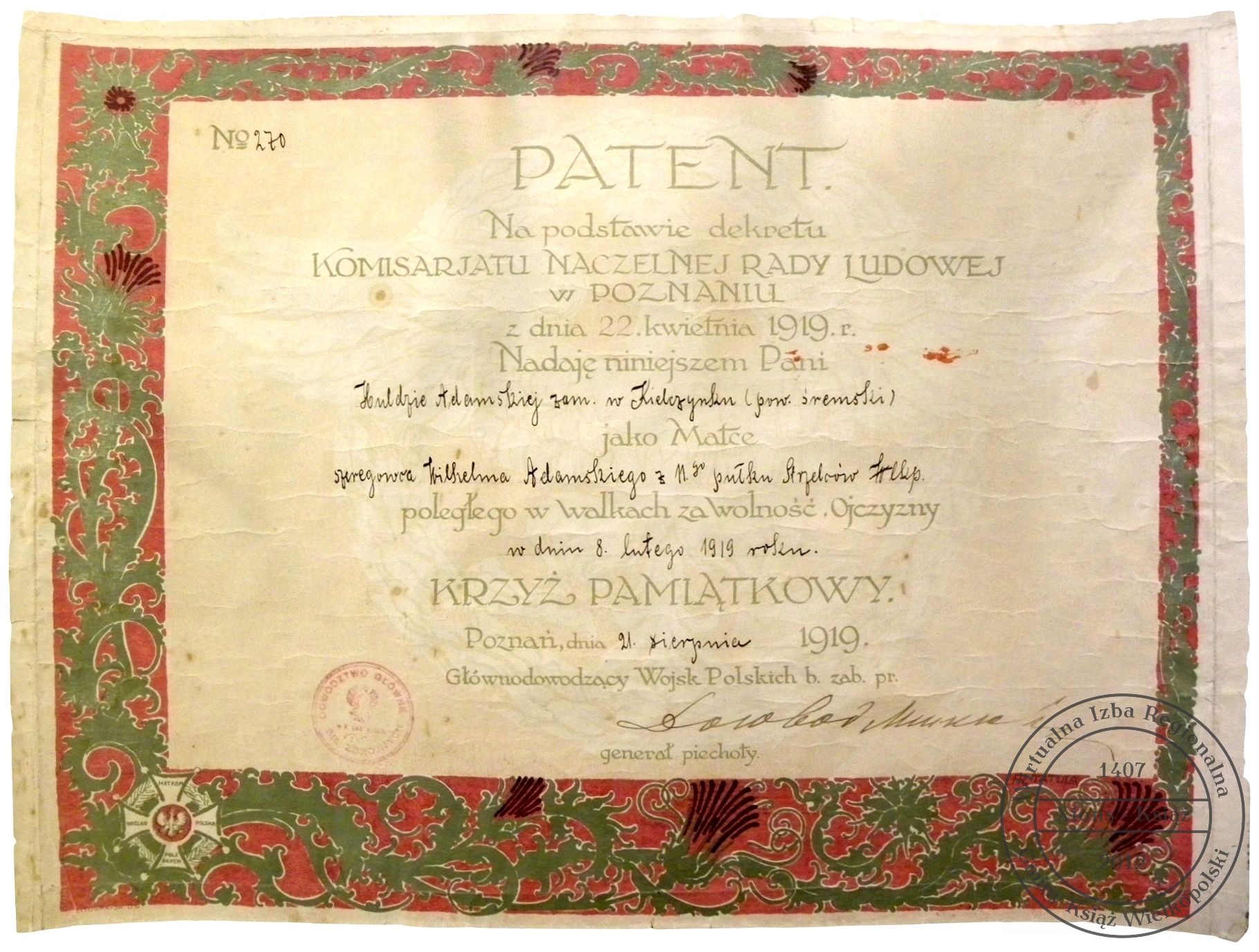 Patent Krzyża Pamiątkowego dla matki poległego powstańca wielkopolskiego, Huldy Adamskiej