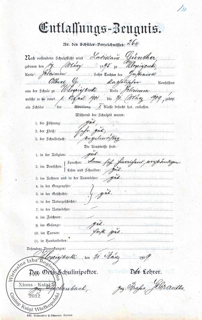 Władysław Günther odpis świadectwa. Włościejewki 1909 r.