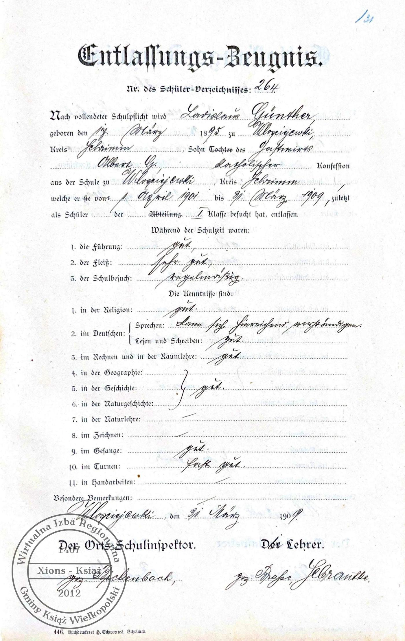 Władysław Günther odpis świadectwa. Włościejewki 1909 r.