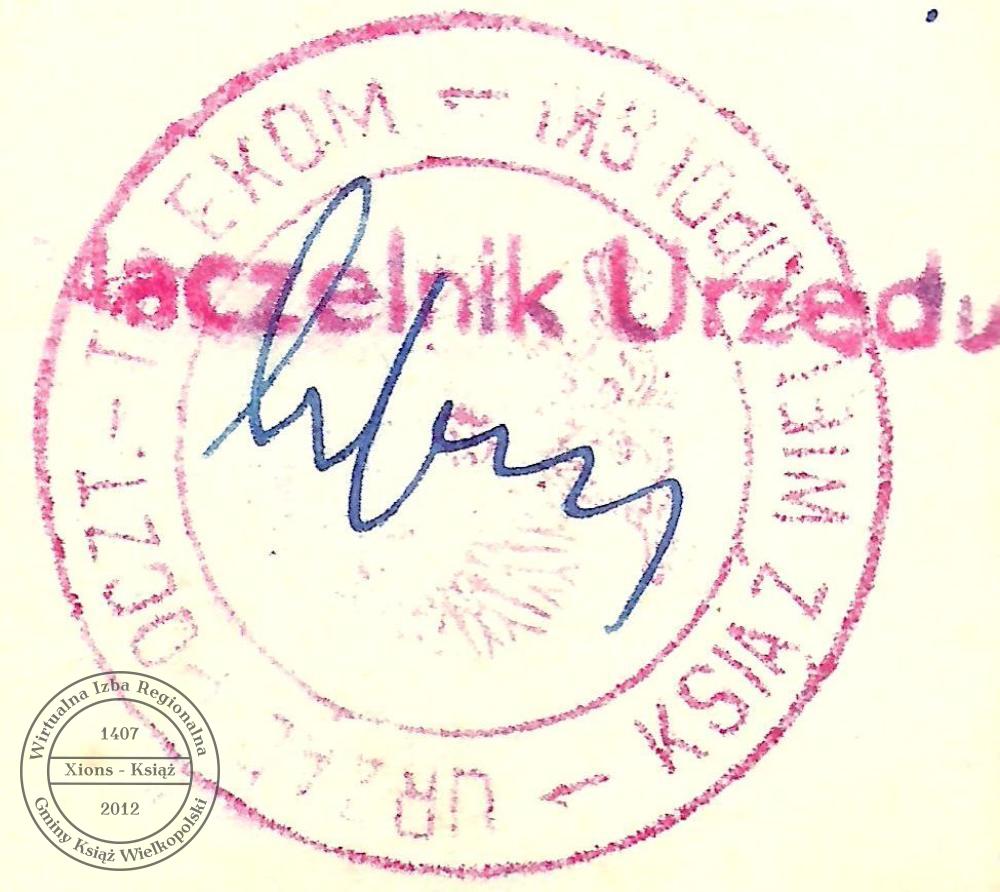 Pieczątka Urzędu Pocztowo-Telekomunikacyjnego w Książu Wielkopolskim, około 1955 r.
