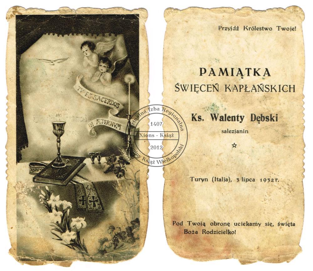 Walenty Dębski, pamiątka święceń kapłańskich - Turyn, 3 lipca 1932 r.
