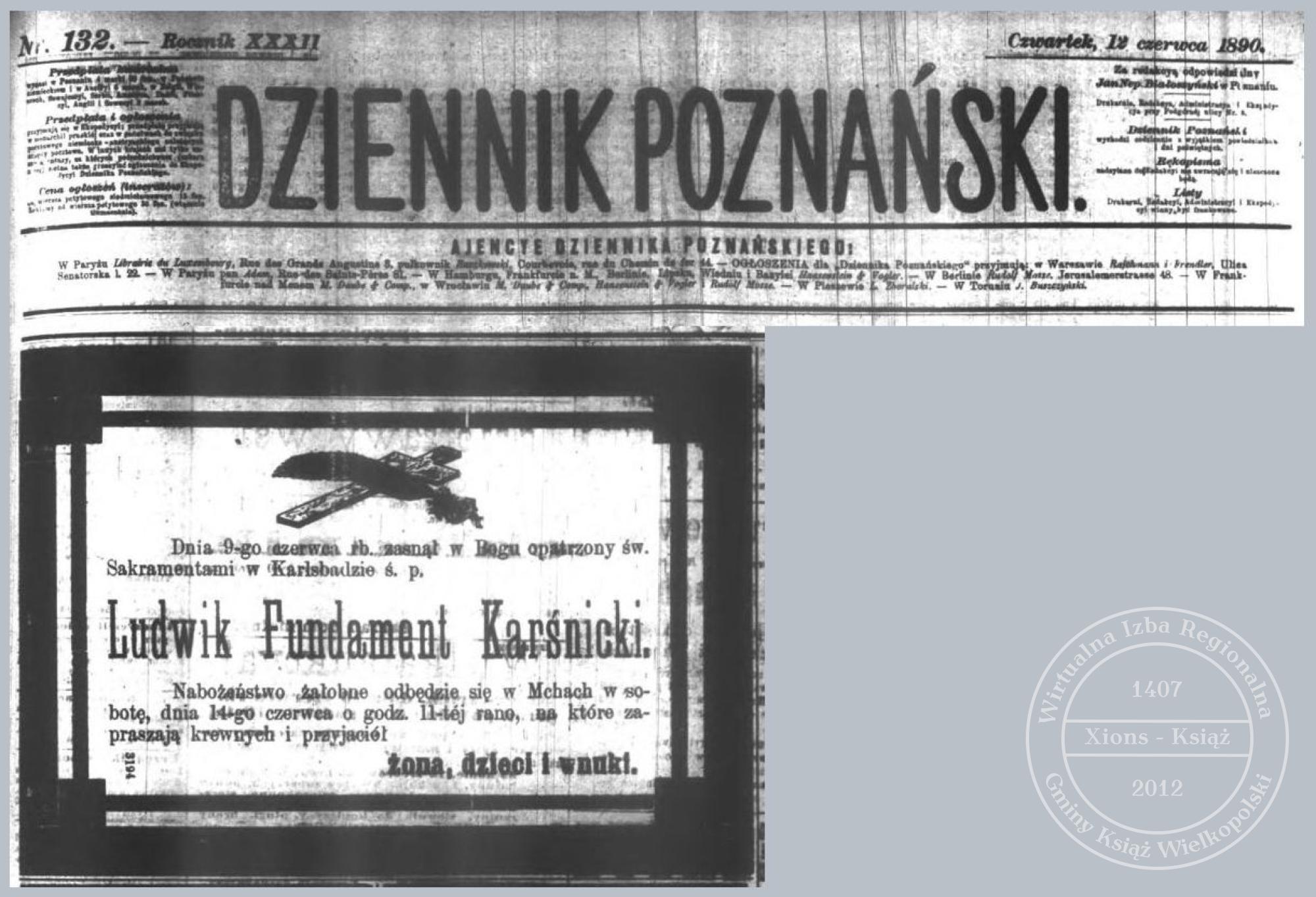 Ludwik Karśnicki nekrolog 1890 r.