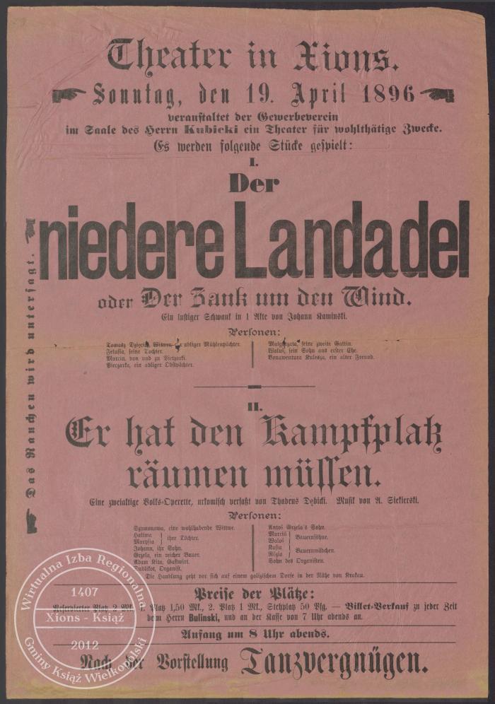 Szlachta czynszowa, Przegrał wojnę. Afisz teatralny. Książ 1896 r. (j. niem.)