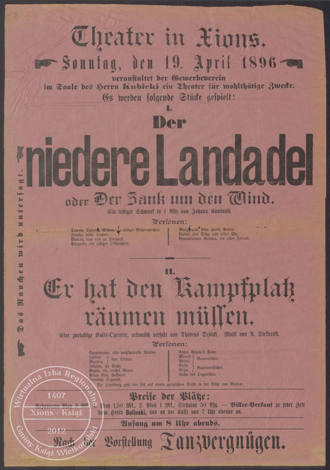 Szlachta czynszowa, Przegrał wojnę. Afisz teatralny. Książ 1896 r. (j. niem.)