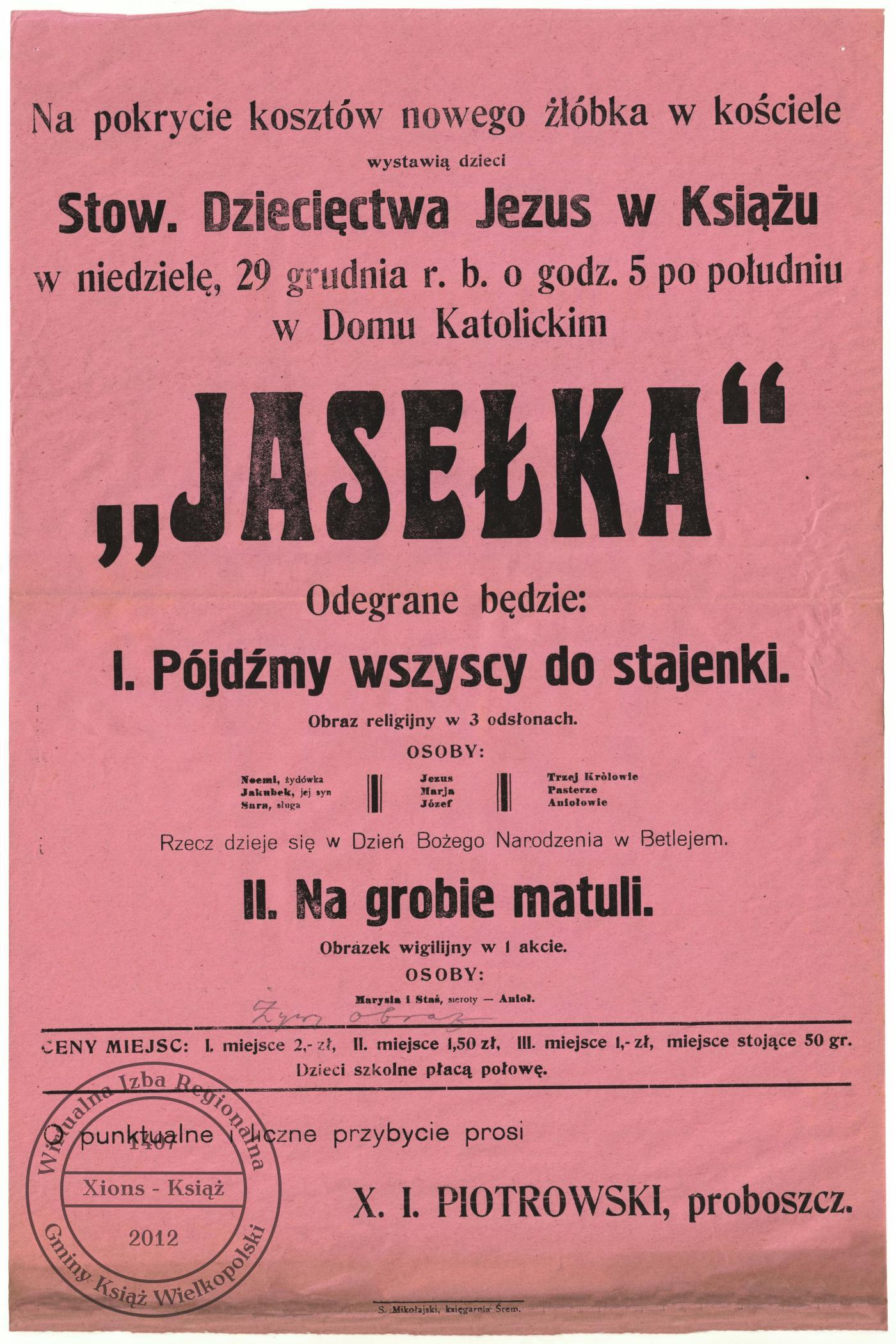 Jasełka w Książu. Afisz z 1929 r.