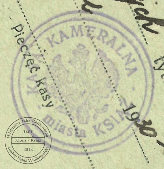 Pieczątka Kasy Kameralnej. Książ, 1930 r.