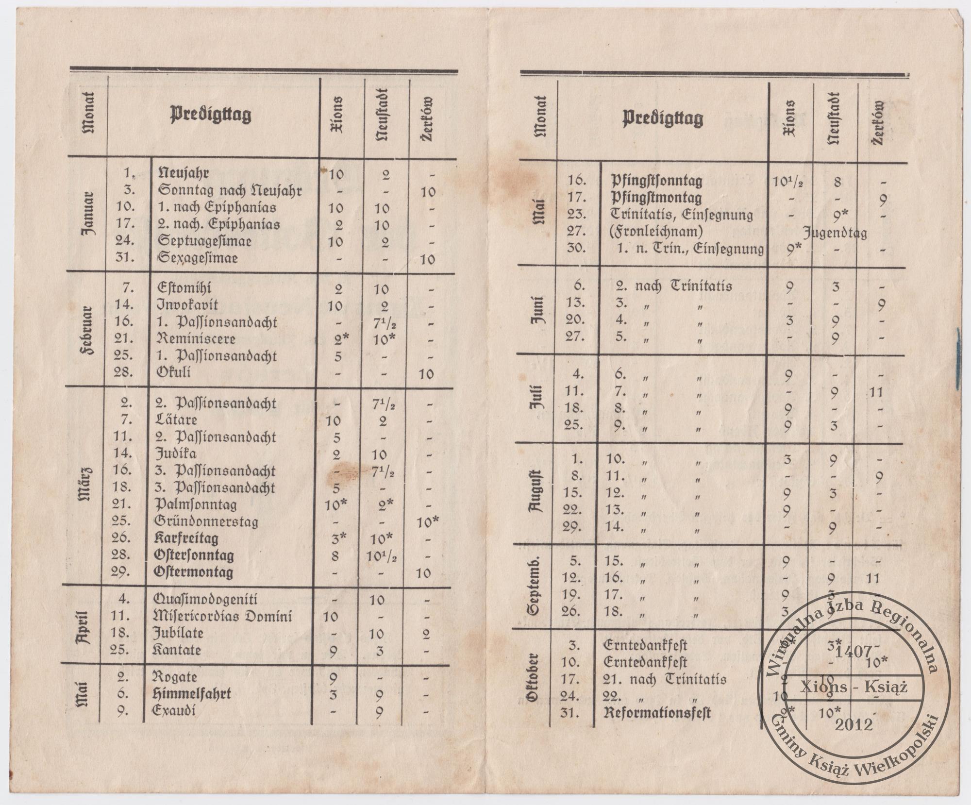 Porządek nabożeństw w parafii ewangelickiej na 1937 rok