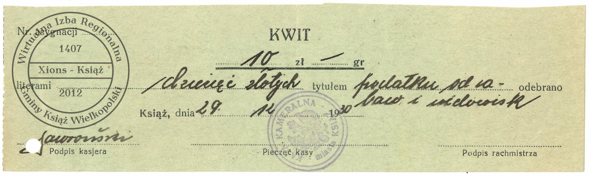 Kwit wpłaty podatku. Książ, 1930 r.
