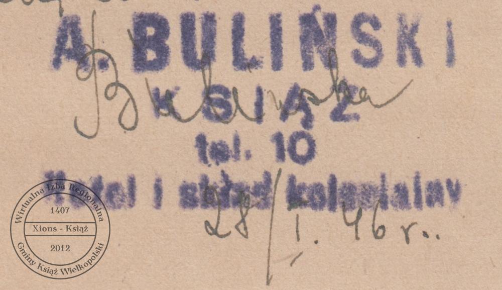 Pieczątka Hotelu A. Buliński. Książ, 1946 r.