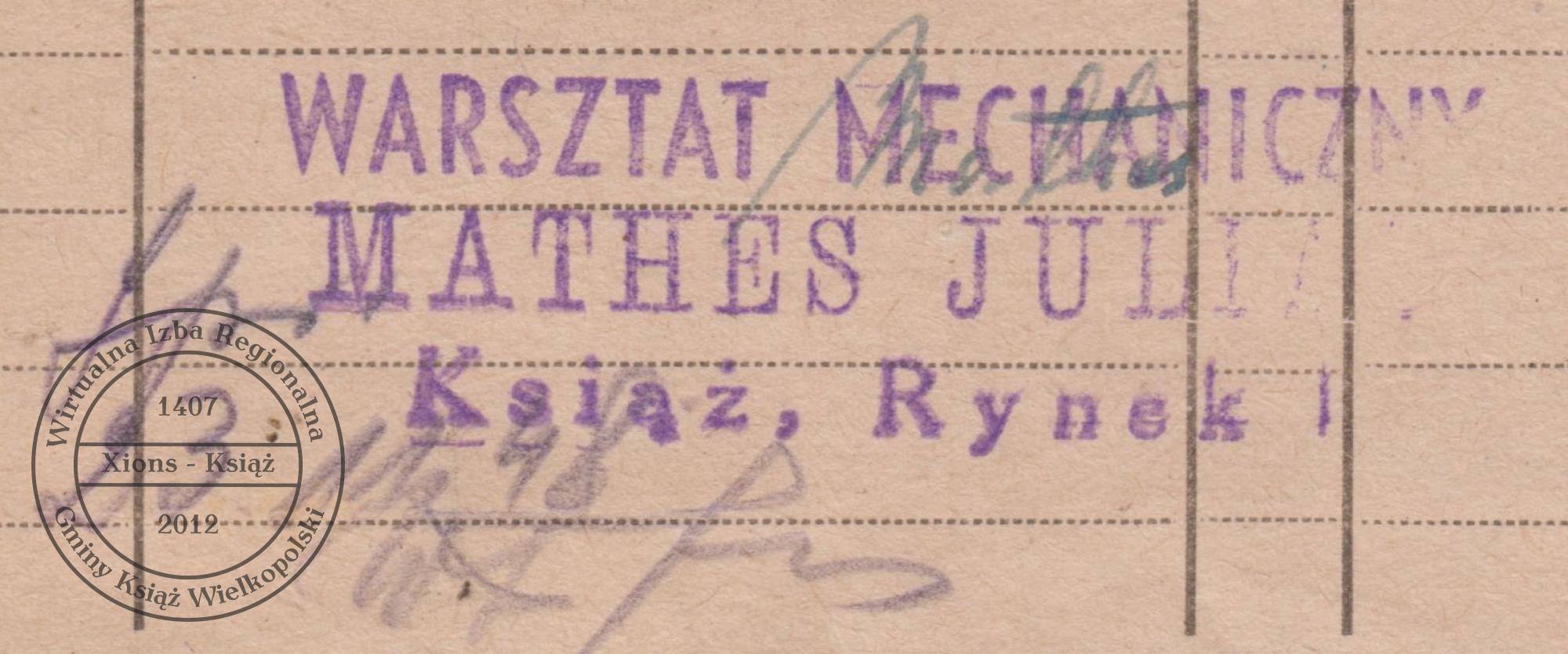 Pieczątka Mathes Julian. Książ, 1948 r.