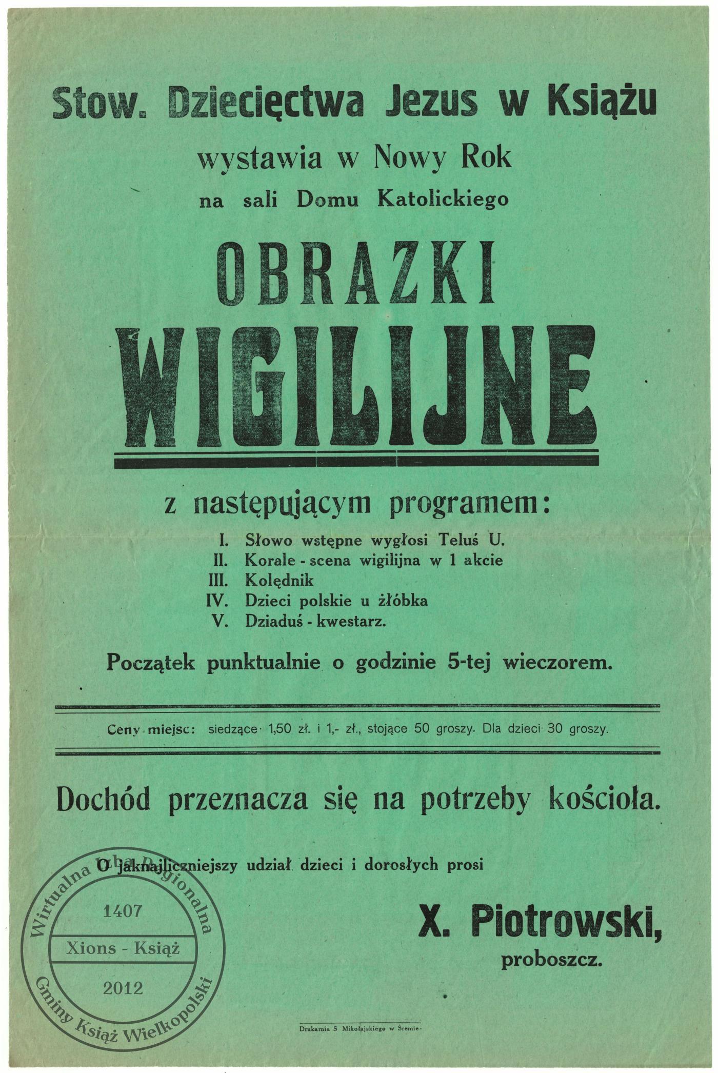 Obrazki Wigilijne w Książu. Afisz z 1931 r.