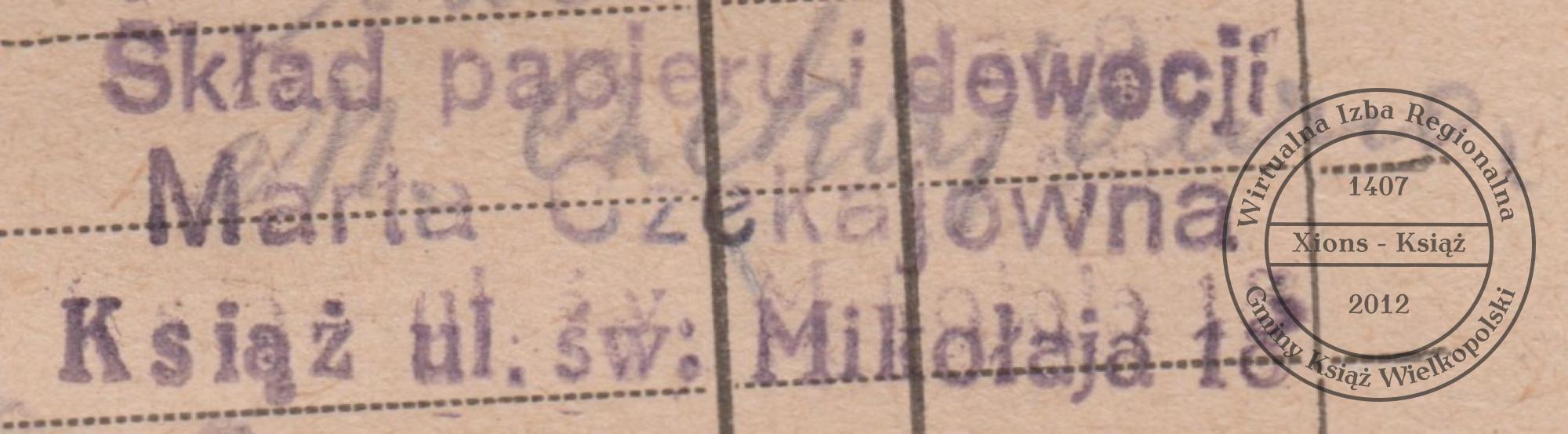 Pieczątka składu papieru Marty Czekaj. Książ, 1948 r.